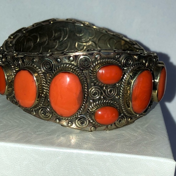 Tibetan Orange Coral Gemstones & Heavy Sterling & Other Metals Bracelet